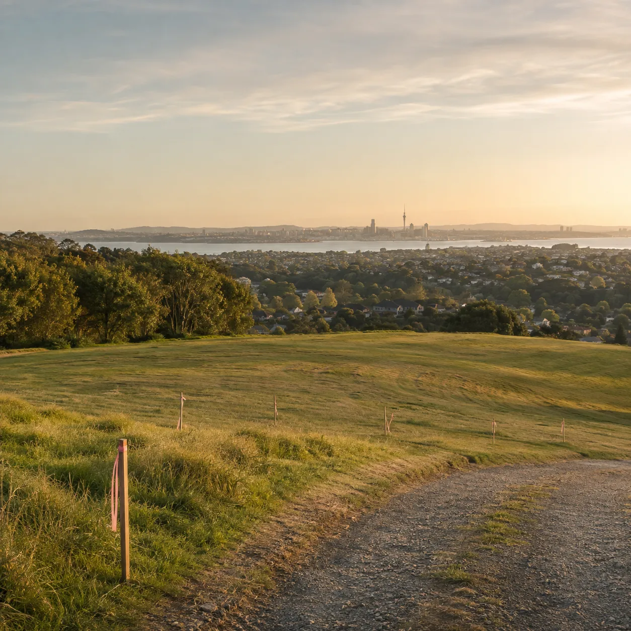 Looking out over Auckland suburbs towards the city skyline at sunrise, from an open grassy site