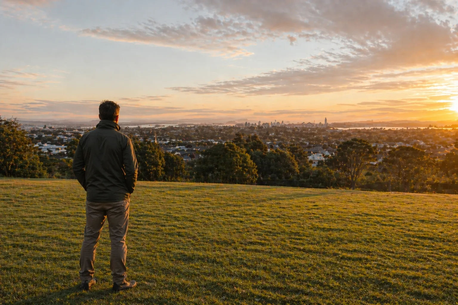 Looking out over Auckland suburbs towards the city skyline at sunrise, from an open grassy site